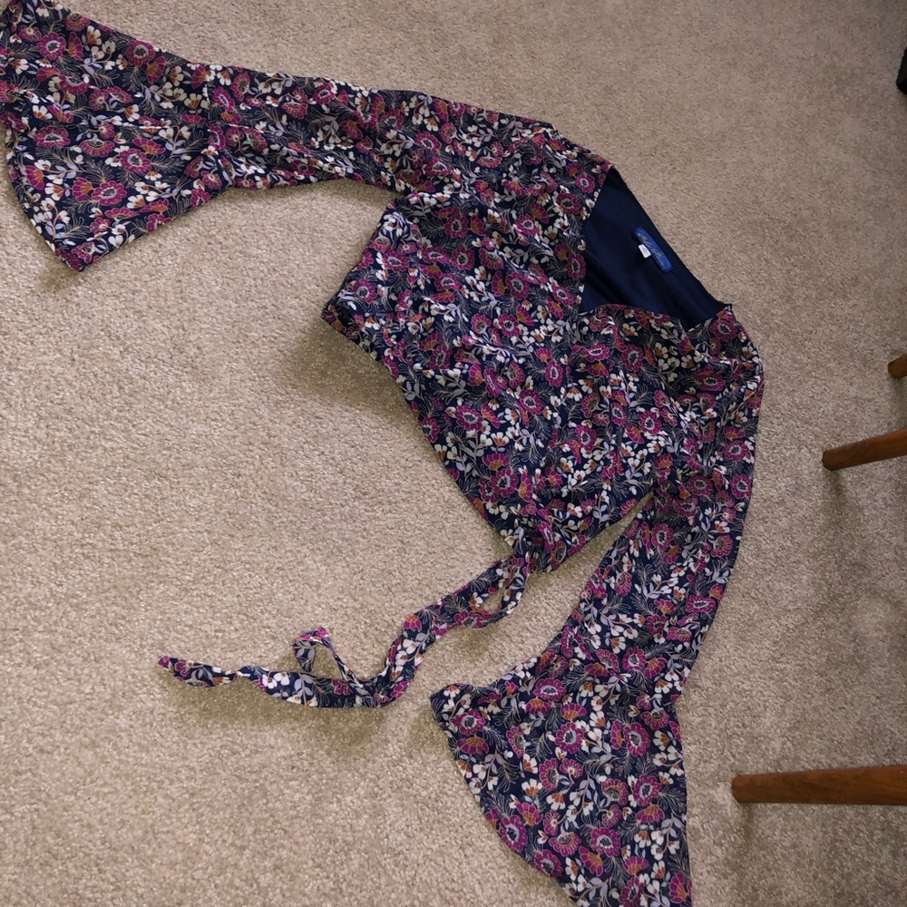 floral wrap funnel sleeve blouse